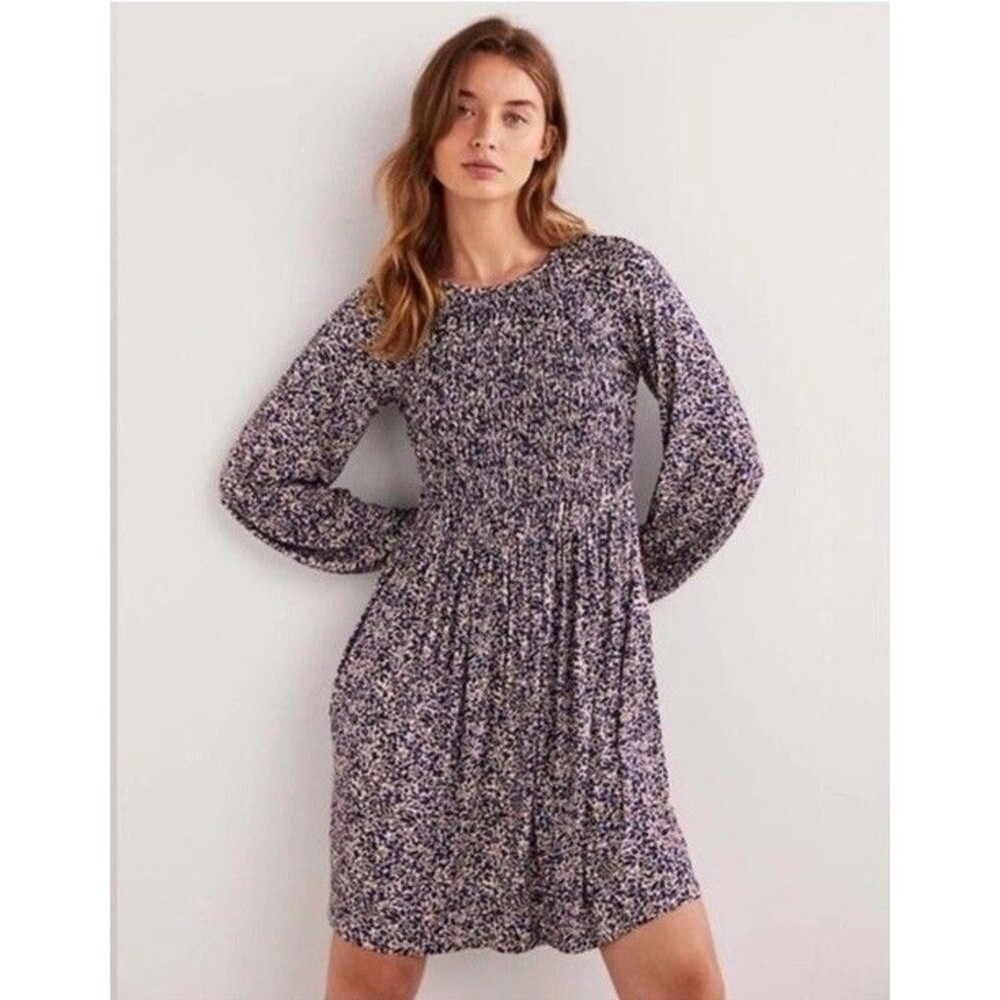 Boden Smocked Bodice Jersey Dress Pockets Persian Blue Leaf Cluster Sz 4R Boho